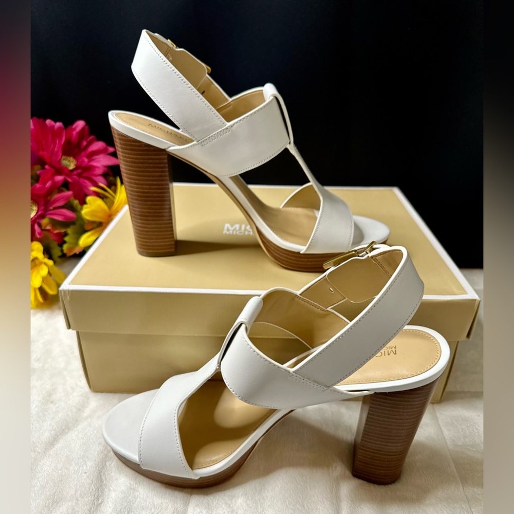 New Michael Kors Becker T Strap Leather Rare Optic White Block Heel 9.5M w/Box